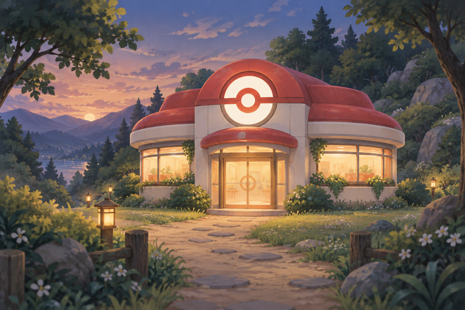 Przytulne Poké Center o zmierzchu